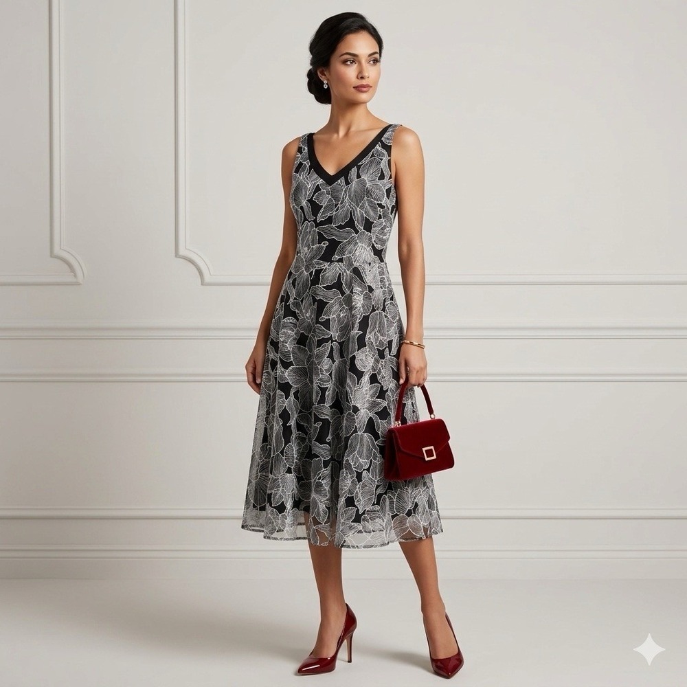 WHBM‎ Midi Dress Womens 10 Black Sheer Embroidered Cocktail Formal Feminine